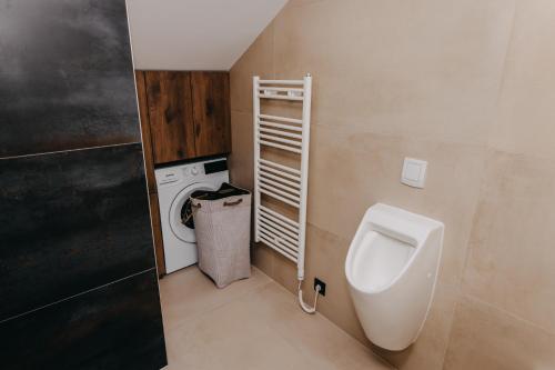 a bathroom with a urinal and a trash can at Novak Home in Štrigova
