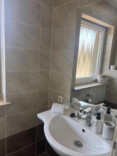 a bathroom with a white sink and a mirror at Appartementshaus Vlora 2 App 4 in Bad Füssing