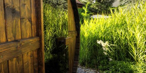a wooden door in a garden with tall grass at BIRDIE Pension & Wellness in Pardubice