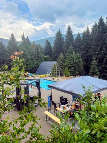 a tent is set up next to a swimming pool at Pine Hill Poiana Marului in Poiana Mărului