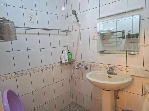 a bathroom with a sink and a mirror at Taitung Moon House in Luye