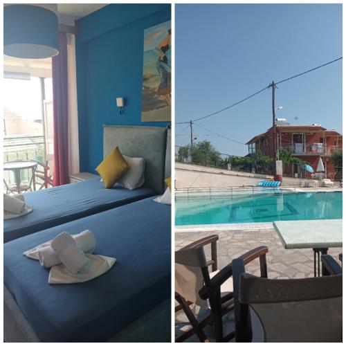 a bedroom with a bed and a view of a swimming pool at Art Studios Benitses in Benitses