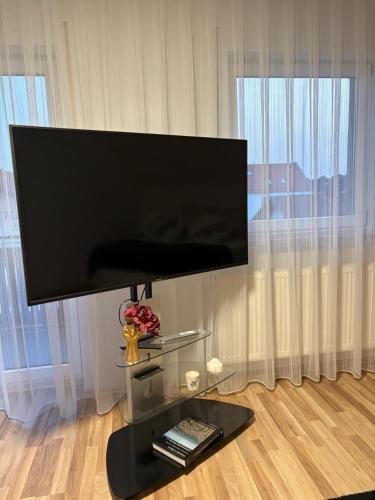 a flat screen tv hanging on a wall in a living room at Appartementshaus Vlora 2 App 5 in Bad Füssing