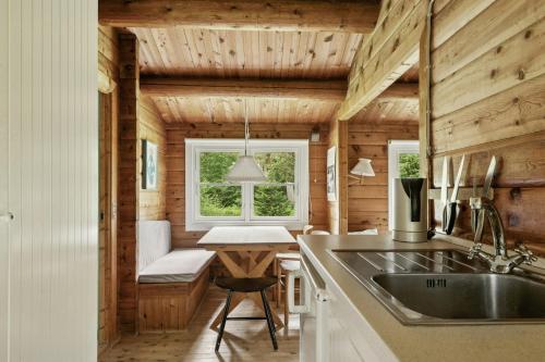 una cocina en una cabaña de madera con fregadero y ventana en Log Cabin Near Vesterstrand On Anholt, en Anholt