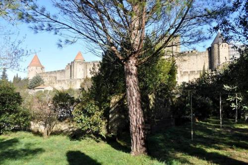 a tree in a yard with a castle in the background at Panorama by maison bacou in Carcassonne