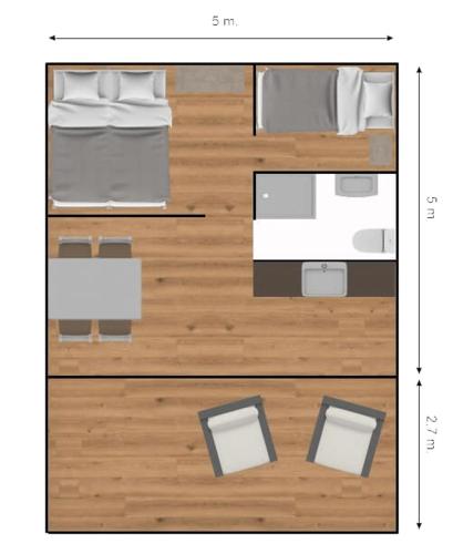 a floor plan of a room with a bed at Safari Tenten met Sanitair 4 personen in Kasterlee