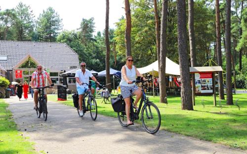 a group of people riding bikes down a sidewalk at Safari Tenten met Sanitair 4 personen in Kasterlee