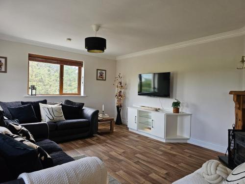 a living room with a couch and a tv at Fiáin Retreat in Miltown Malbay