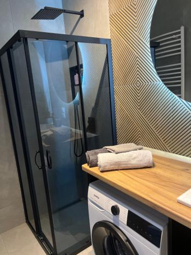 a glass shower in a kitchen next to a washing machine at Apartament Poznańska 1 in Suwałki