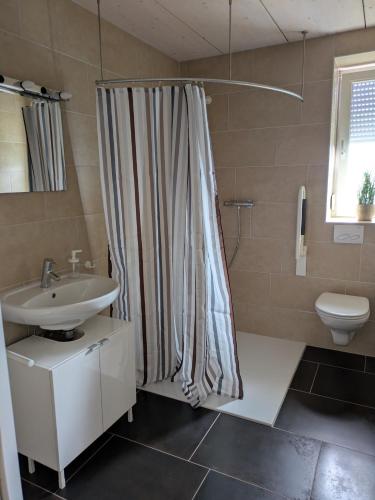a bathroom with a shower curtain and a sink at Gästehaus Stüpfert in Grub am Forst