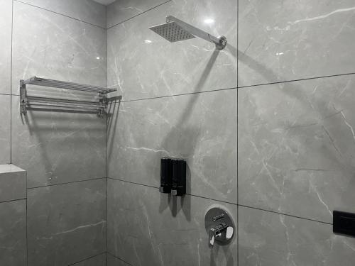 a bathroom with a shower with a shower head at Park Abode Boutique Guest House in Guwahati