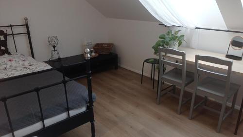 a bedroom with a bunk bed and a table and chairs at Apartmán v Podhradí Boskovice in Blansko