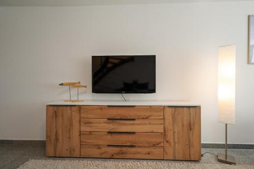 Ferienwohnung Seehus - Modernes Ferienhaus mit Sauna, Seezugang und Bootsanlegeplatzにあるテレビまたはエンターテインメントセンター