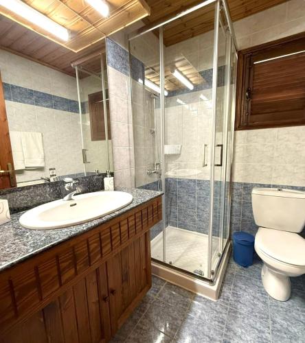 a bathroom with a toilet and a sink and a shower at Apokas Country House in Zoopiyi