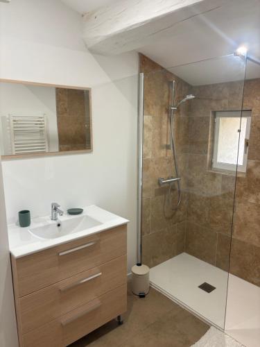 une salle de bain avec douche et lavabo dans l'établissement Gîte rénové au cœur des Vignobles 4 à 6 personnes, à Illats