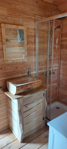 a wooden bathroom with a sink and a shower at Roulotte Le Coq La Mazille in Anglure-sous-Dun