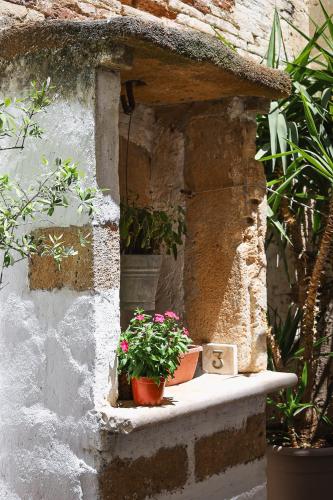 a stone wall with two potted plants on a ledge at Palazzo Ammicc in Bernalda
