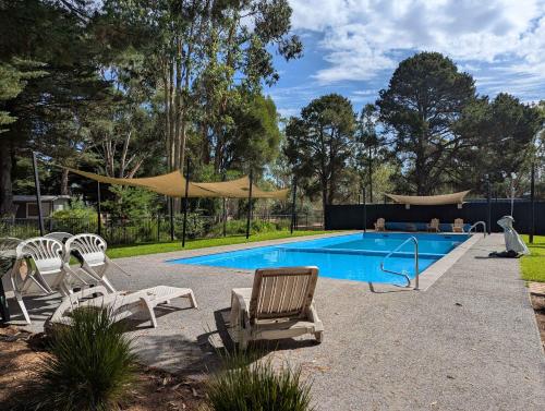 a swimming pool with chairs and a hammock next to it at Tiny Homes Escape at Grampians Edge by Tiny Away in Dadswells Bridge