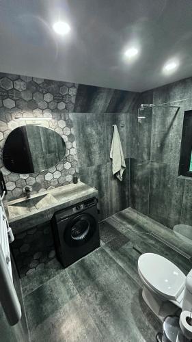 a bathroom with a toilet and a sink and a shower at Tara Cottages Likani in Likani