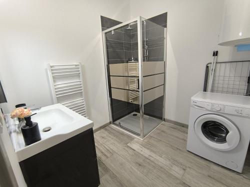 une salle de bain avec une machine à laver et un lave-linge dans l'établissement Le Romarin classé 3 étoiles, à Riez