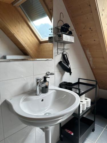 a bathroom with a sink and a window at Panormamablick, NH Spiez, 10 min vom Thuner See in Reutigen