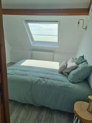 Duplex face à la mer في لو كروتوي: غرفة نوم بها سرير مع وسائد ونافذة