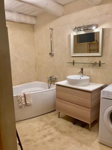 a bathroom with a tub and a sink and a washing machine at Lieux M - La petite maison in Saint-Pierre-Eynac