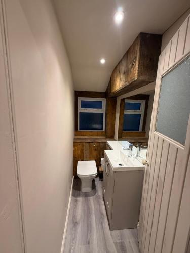 a small bathroom with a toilet and a sink at Fernbank Cottage - Bruichladdich, Isle of Islay in Bruichladdich