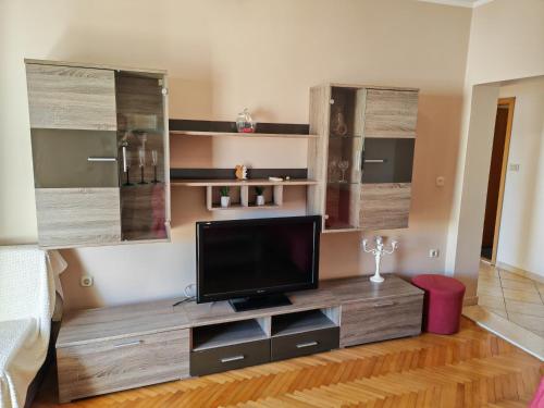 a living room with a flat screen tv on a entertainment center at Apartmani CVJET in Makarska