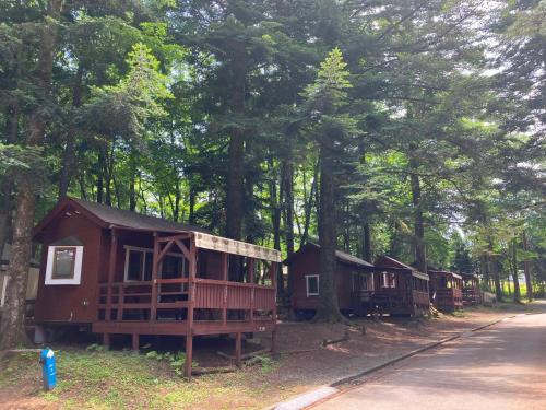 a row of cabins in a forest with trees at PICA Fujiyoshida in Fujiyoshida