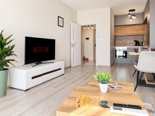 プロブディフにあるModern 1BR Apartment with Free Street Parking and free Gym Passのリビングルーム(白いキャビネット、薄型テレビ付)