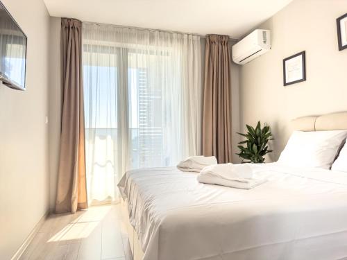 プロブディフにあるModern 1BR Apartment with Free Street Parking and free Gym Passのベッドが2つと大きな窓がある寝室