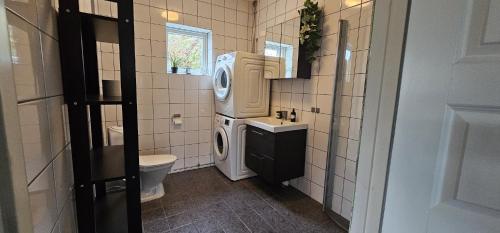 a bathroom with a washing machine and a sink at Apartment in Hoviksnas, 300 m from the sea with a view of the Tjorn Bridge in Höviksnäs