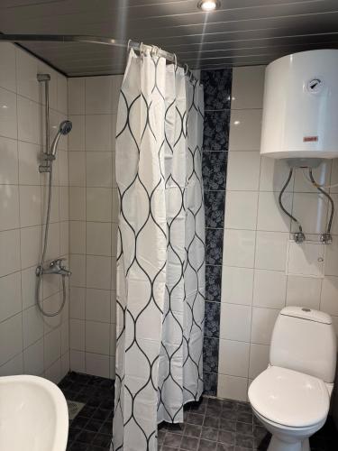 a bathroom with a toilet and a shower curtain at Korter Võru kesklinnas in Võru