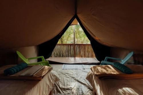 a tent with two beds in it with a window at NoLux Camping Tent in Borsh