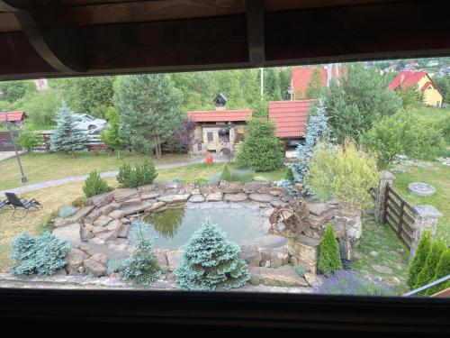 a view from a window of a garden with a pond at Villa Zoryany Dvir in Skhidnitsa