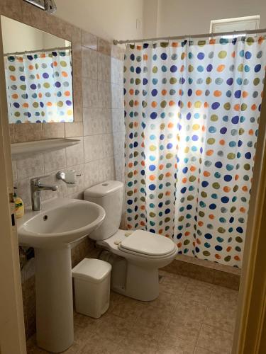 a bathroom with a toilet and a shower curtain at Hotel Aki in Loutra Edipsou