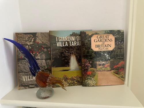 three books sitting on a shelf with a bird statue at villa Landana in Intra
