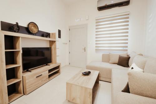 un salon avec un canapé et une télévision à écran plat dans l'établissement Corfu Luxury Lofts by Corfuescapes, à Corfou