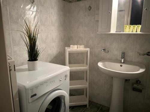 a bathroom with a washing machine and a sink at Emerald Studio in Límni