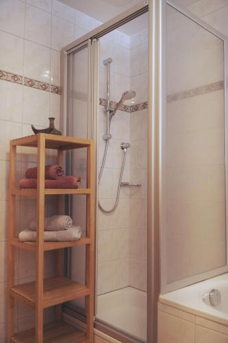 a bathroom with a shower and a towel rack at Ferienhaus Ahorn in Neustift im Stubaital