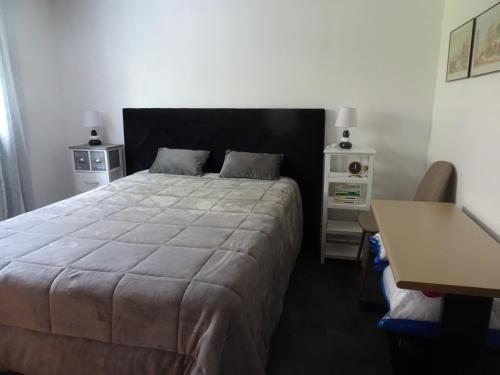 a bedroom with a large bed and a desk at Le jardin de Brigitte in Vergeroux