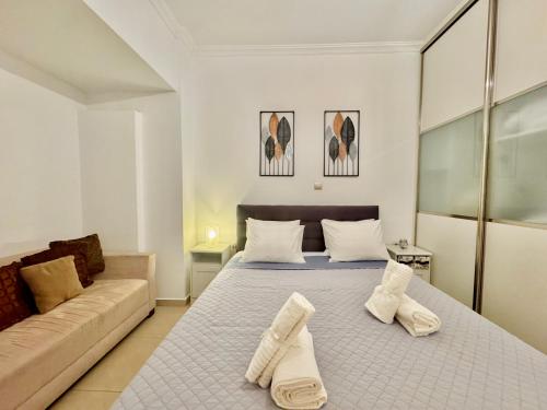 ピレウスにあるMarina Zeas Spacious Two Bedroom Apartmentのベッド2台とソファのある寝室