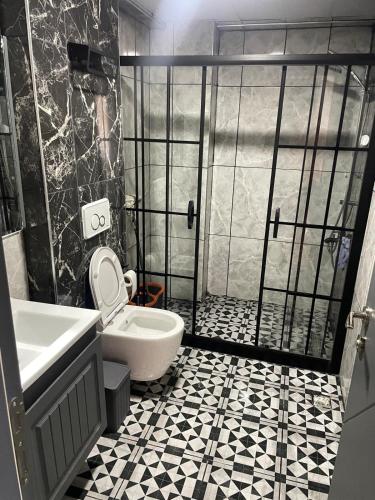 a bathroom with a toilet and a sink and a shower at Spacious and modern apartment with a view in Gökçeada
