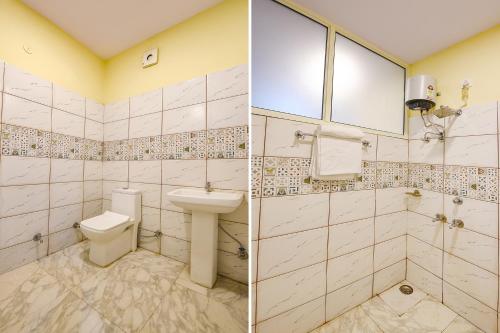 two pictures of a bathroom with a toilet and a sink at FabExpress High View in Faridabad