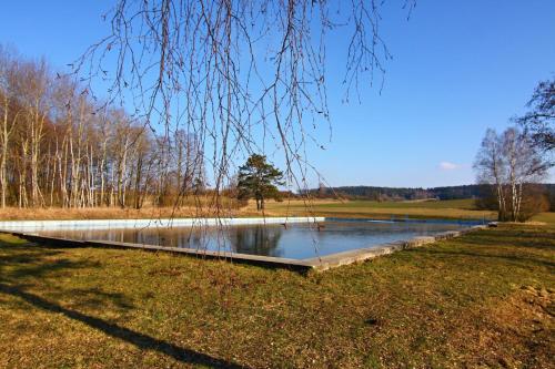 a large pond in the middle of a field at chalupa Vadčice in Dehtáře