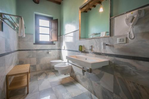 a bathroom with a sink and a toilet and a mirror at Spa Resort Fonte Alla Lepre in Riparbella
