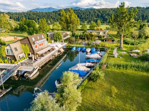 an aerial view of a marina with boats docked at Strandhotel Schmerikon in Schmerikon