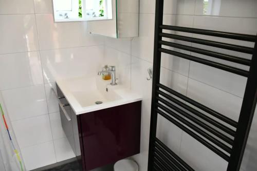 a white bathroom with a sink and a mirror at Huisje Meerweg in Rohel