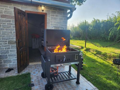 a barbecue grill in front of a house at Ház a szígeten in Fonyód